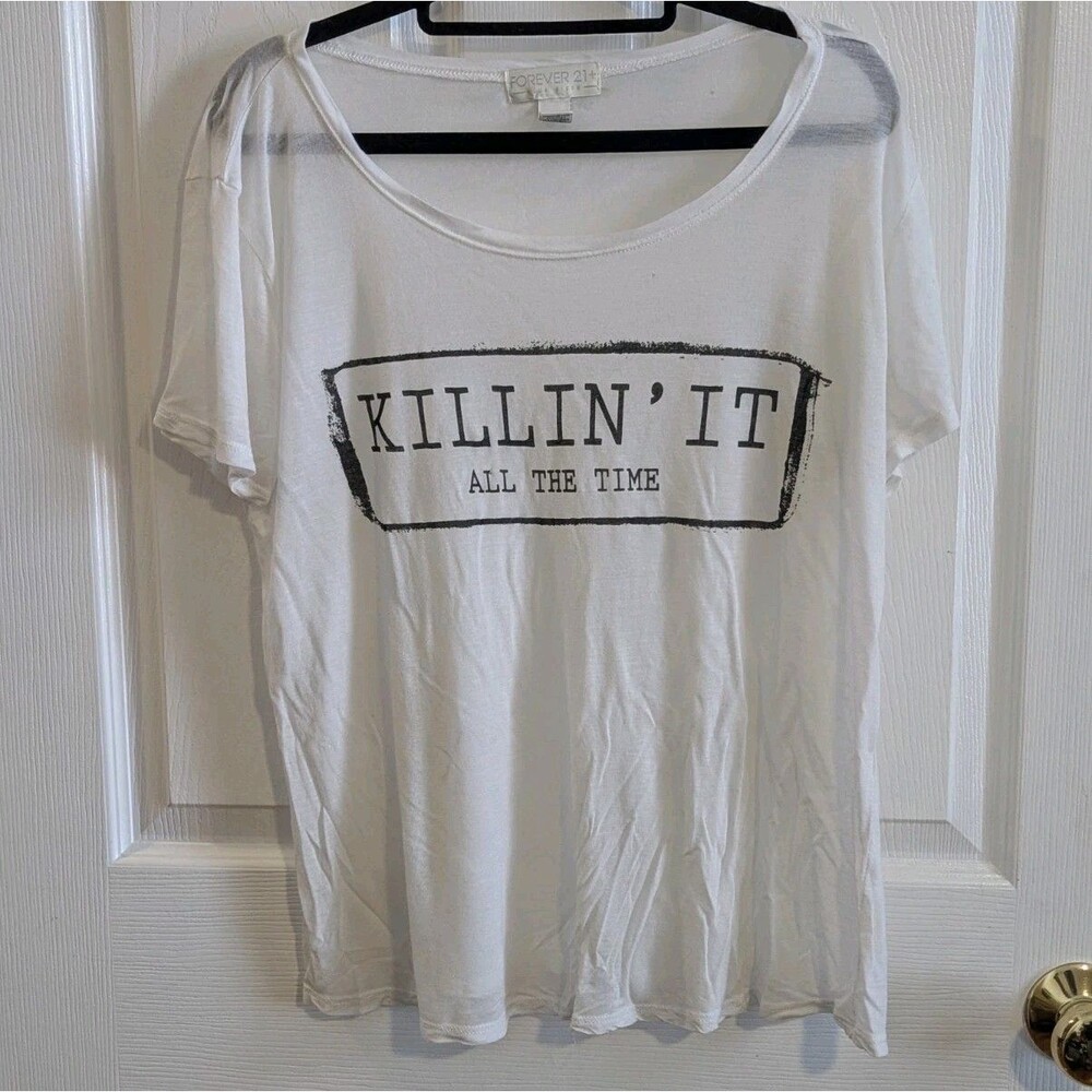 Slouchy Lounge White Crop Top‎ Quirky Killing It Graphic Tee Size XL Grunge